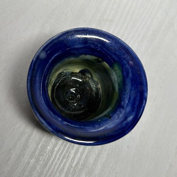 Handmade Signed Pottery Vase Small Pot Drip Glaze Blue Beige Black 2.5” Height - Picture 4 of 5